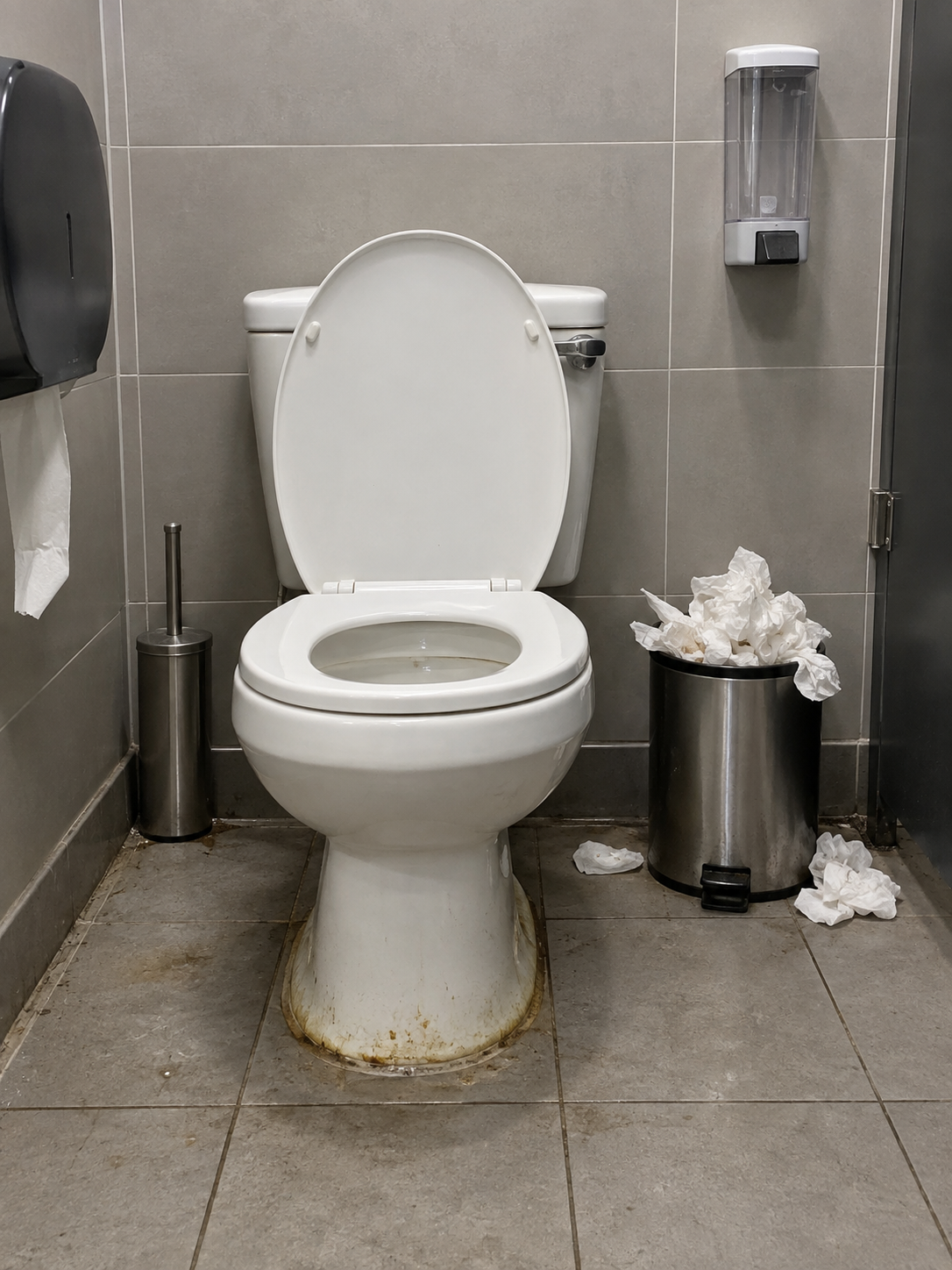 Illustrative workplace washroom with grime around the toilet base, an overflowing bin and an empty soap dispenser